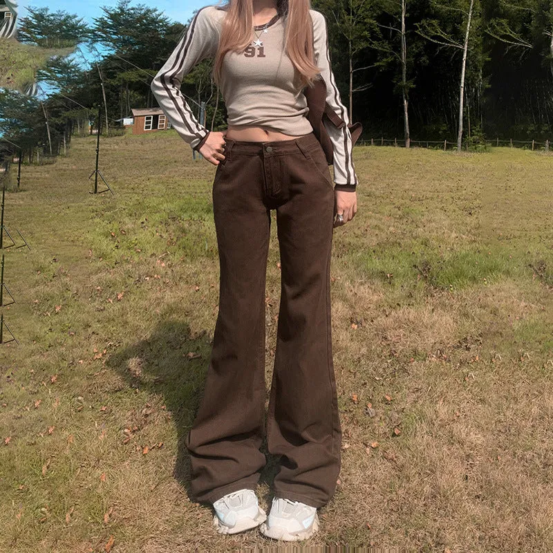 Lanfubeisi women’s outfits American Retro Low Waist Brown Flared Pants Slim Fit Slimming Autumn and Winter Jeans Women Trousers Lengthened