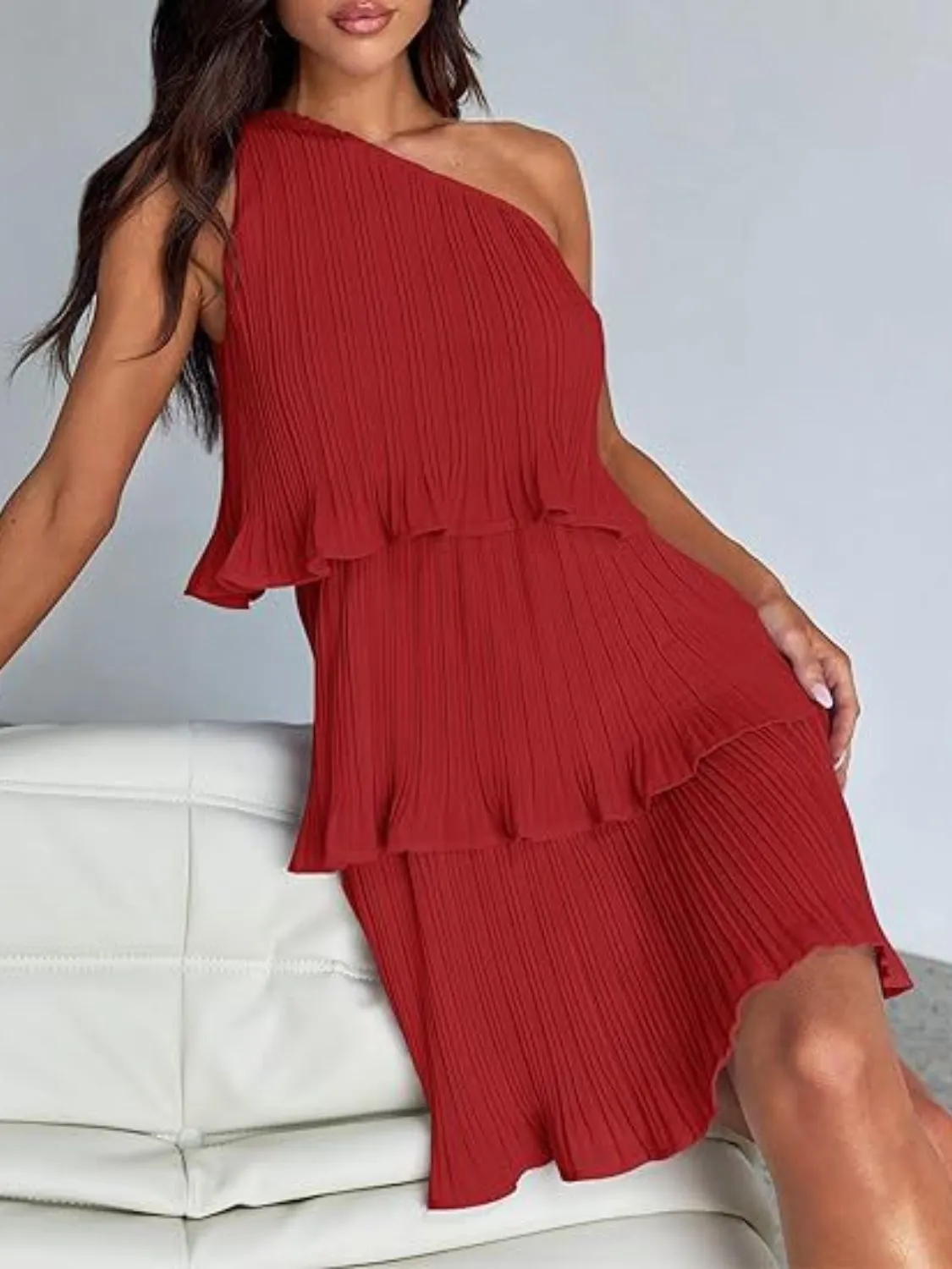 Layered Single Shoulder Mini Dress