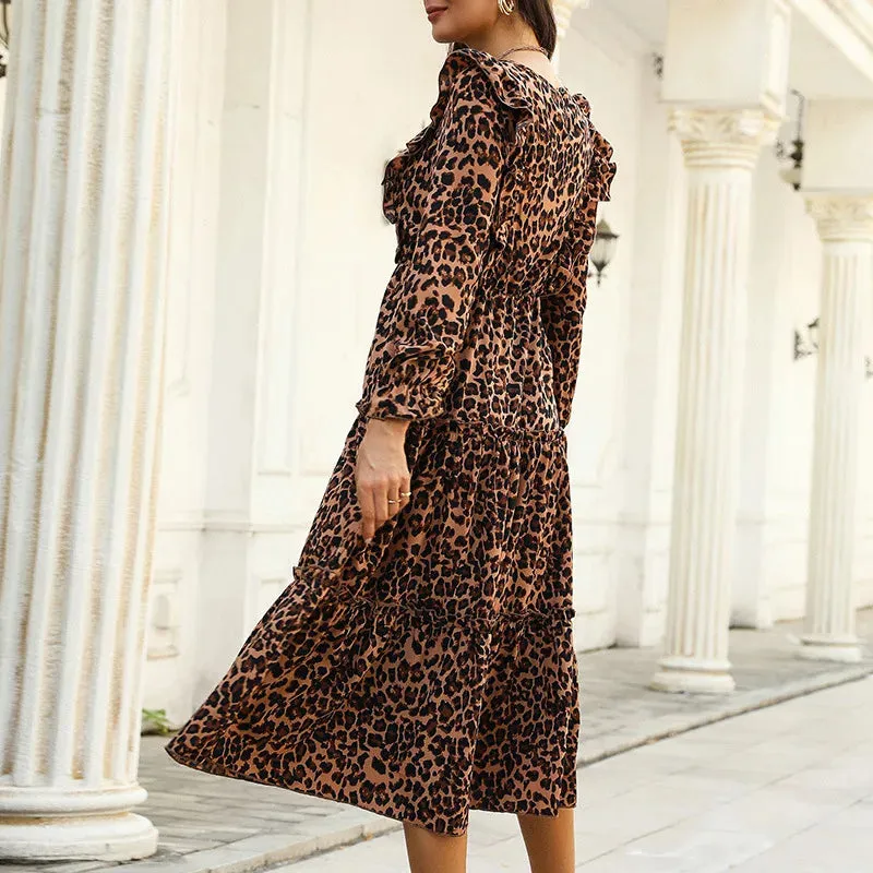 Leopard Print A-line Midi Dress - Elegant Fashion Women's Autumn 2024