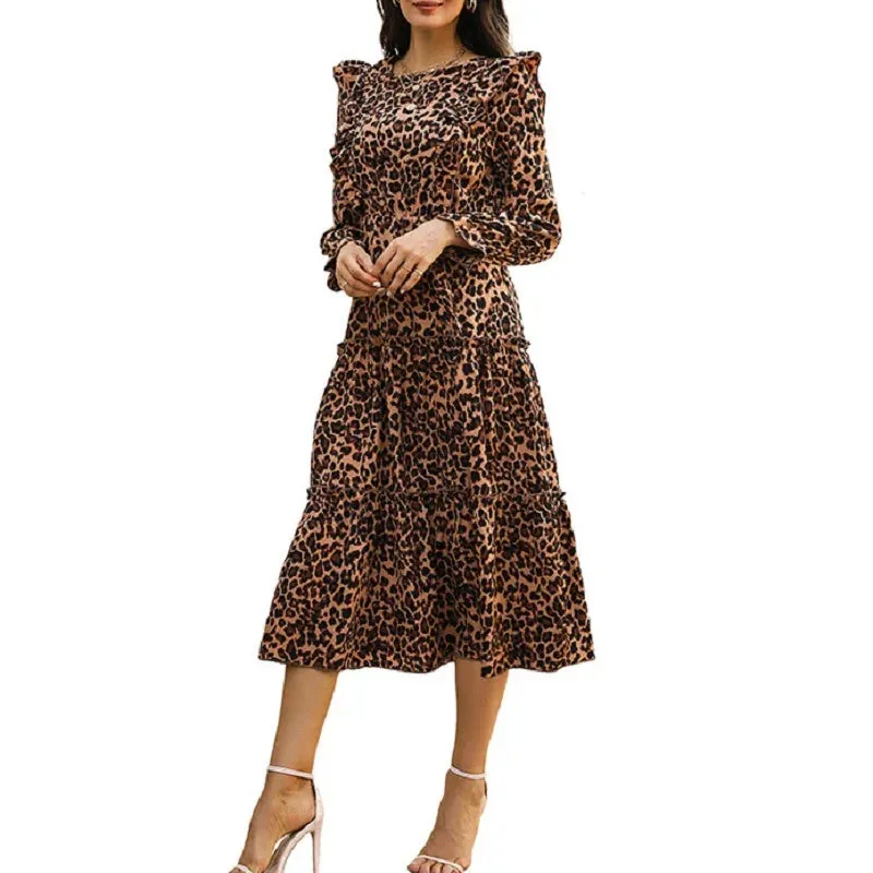 Leopard Print A-line Midi Dress - Elegant Fashion Women's Autumn 2024