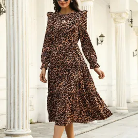 Leopard Print A-line Midi Dress - Elegant Fashion Women's Autumn 2024