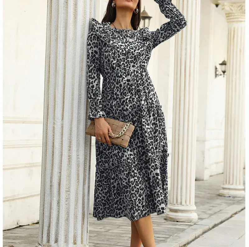 Leopard Print A-line Midi Dress - Elegant Fashion Women's Autumn 2024