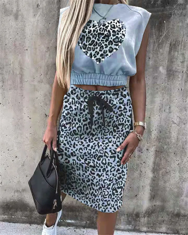 Leopard Print Sleeveless Top and Skirt