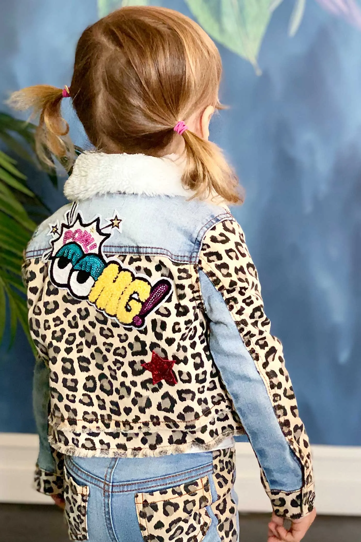 Little Girls Animal Print Fur Collar Denim Jacket