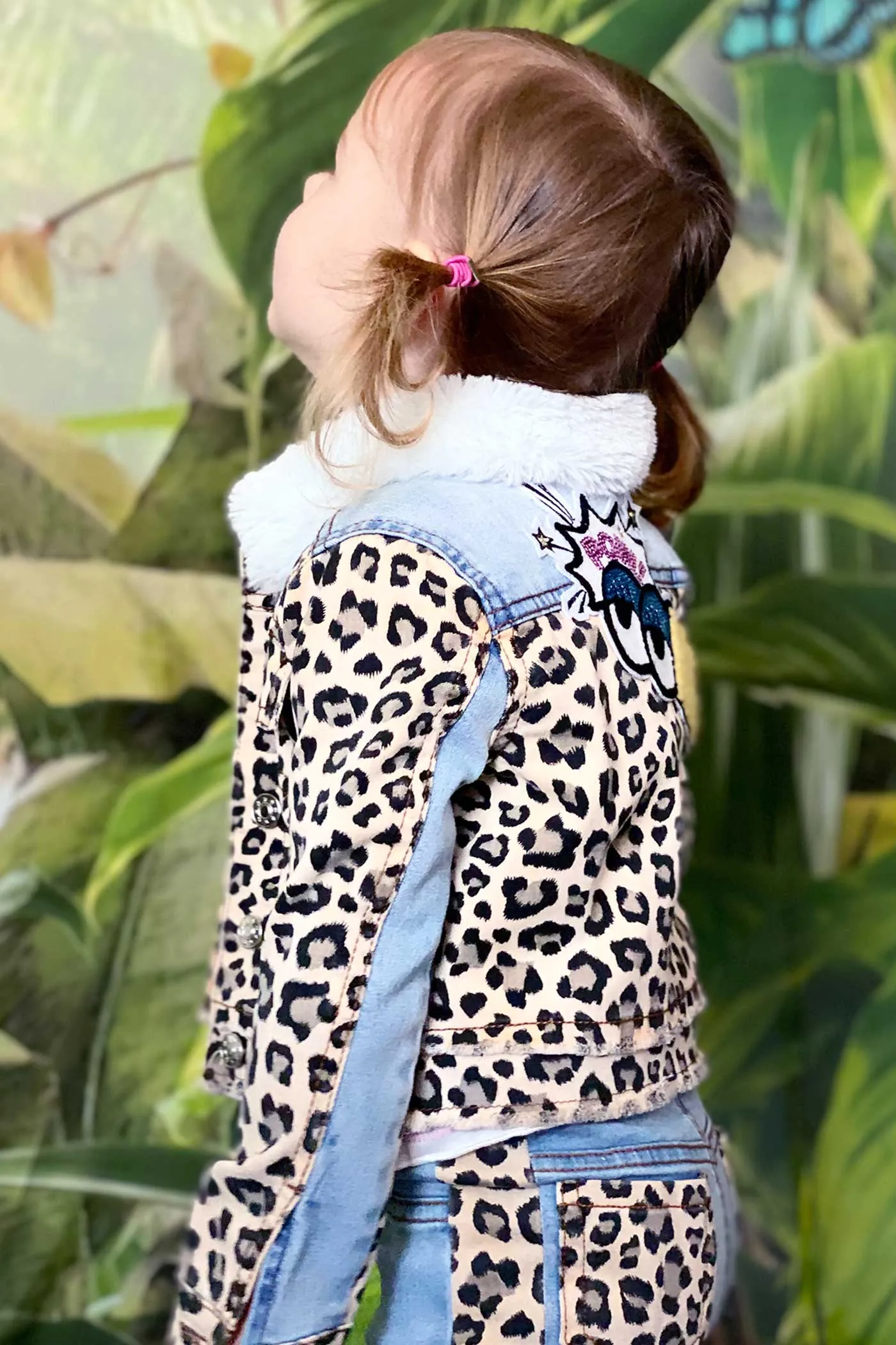 Little Girls Animal Print Fur Collar Denim Jacket