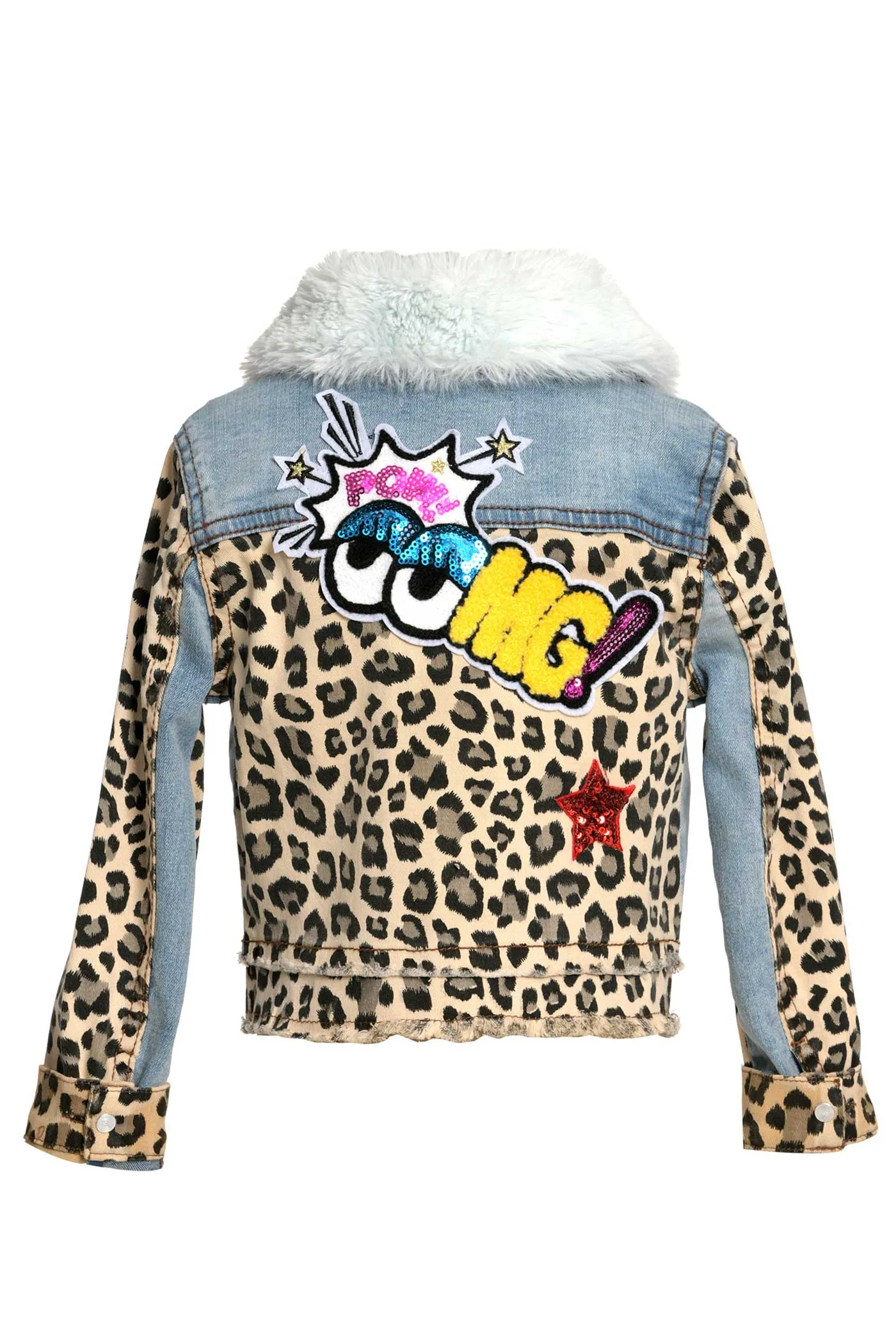 Little Girls Animal Print Fur Collar Denim Jacket