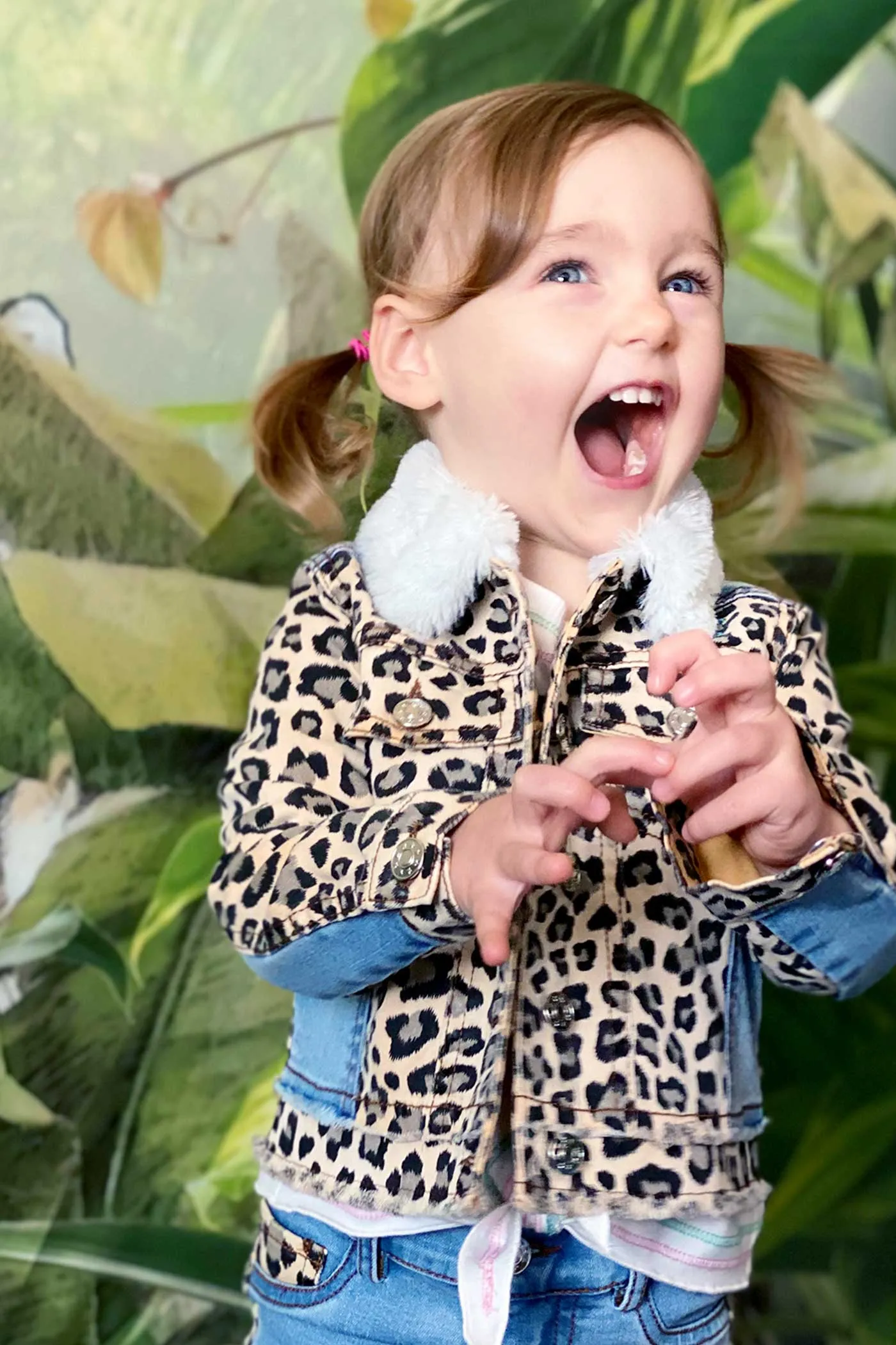 Little Girls Animal Print Fur Collar Denim Jacket