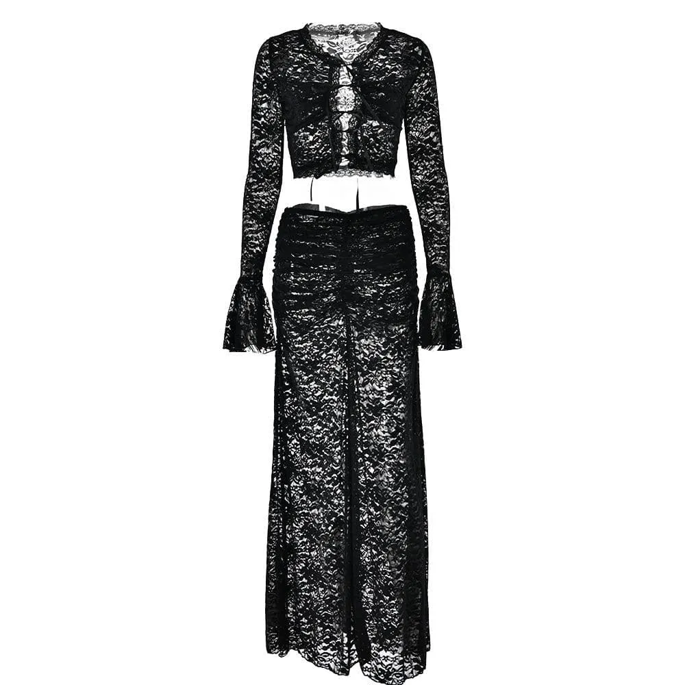 Long flared sleeve lace see through maxi skirt set