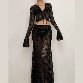 Long flared sleeve lace see through maxi skirt set