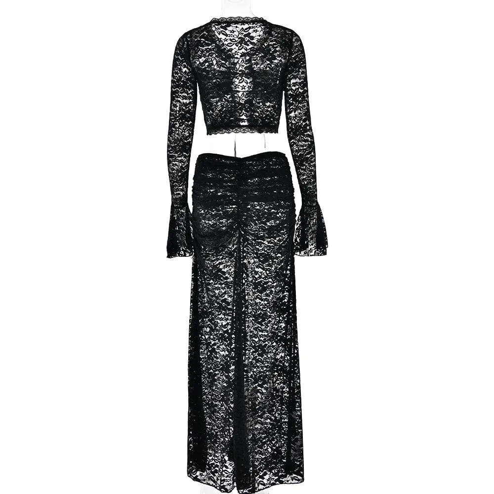 Long flared sleeve lace see through maxi skirt set