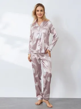 Long Sleeves Peacock Print Button Shirt Elastic Pants Satin Pajamas