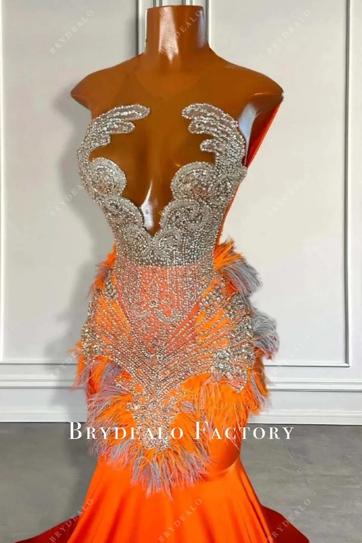 Luxury Rhinestones Orange Jersey Feather Mermaid Prom Gown