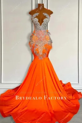 Luxury Rhinestones Orange Jersey Feather Mermaid Prom Gown