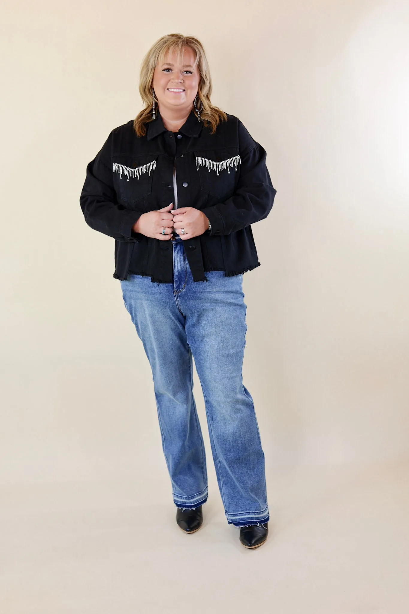 Made To Shine Crystal Fringe Pocket Cropped Denim Jacket in Black