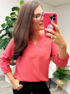 Marissa 3/4 Sleeve Split Neck Blouse - Dark Coral (Ships in 1-2 Weeks)