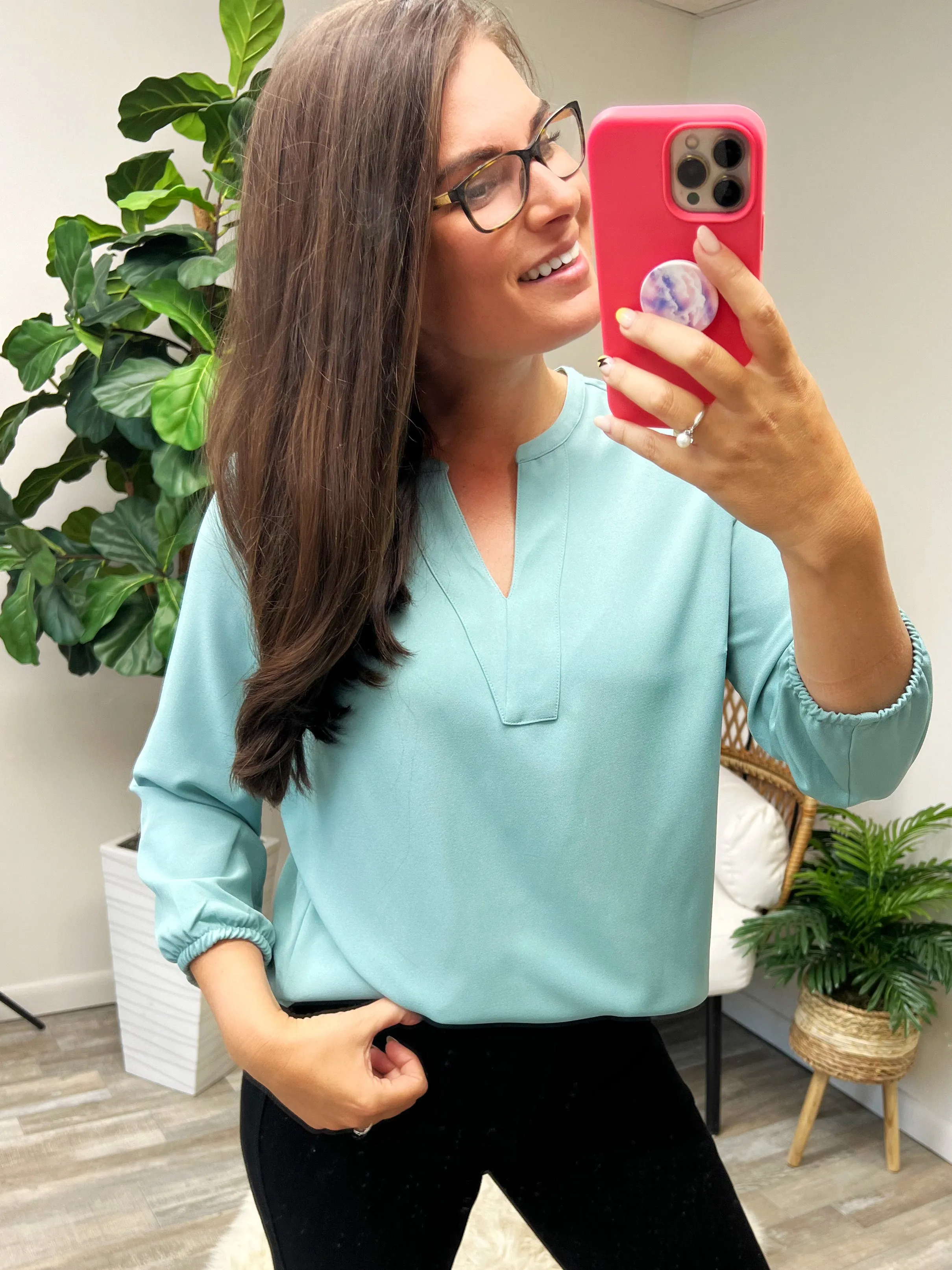 Marissa 3/4 Sleeve Split Neck Blouse - Sage (Ships in 1-2 Weeks)