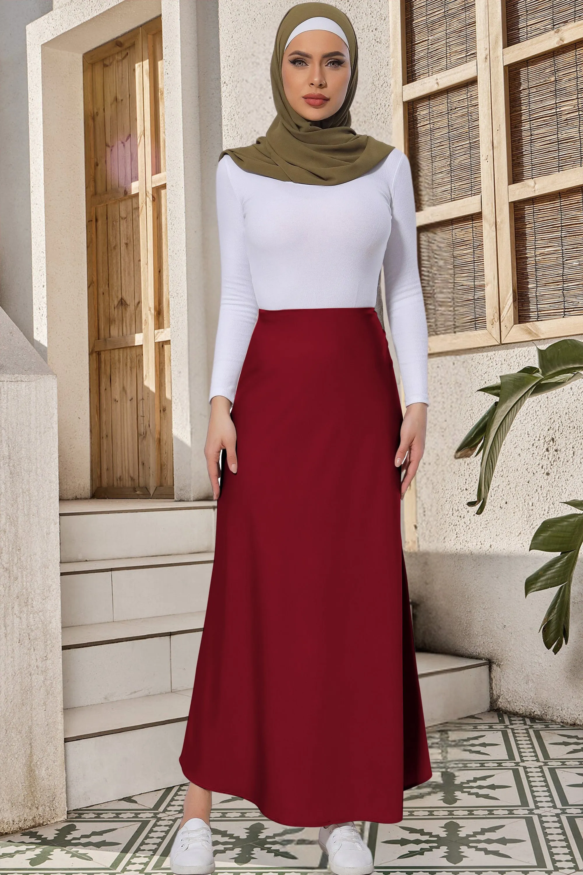 Maroon Satin Maxi Skirt