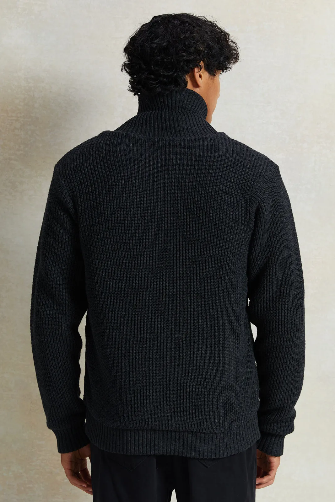 Men Charcoal Shawl Collar Cardigan With Faux Fur Lining