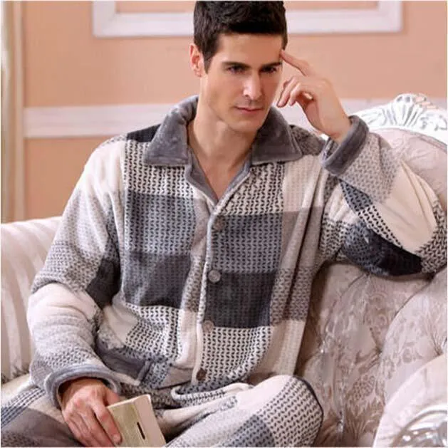 Men's Sleepwear Pants Set Flannel Warm Pajamas