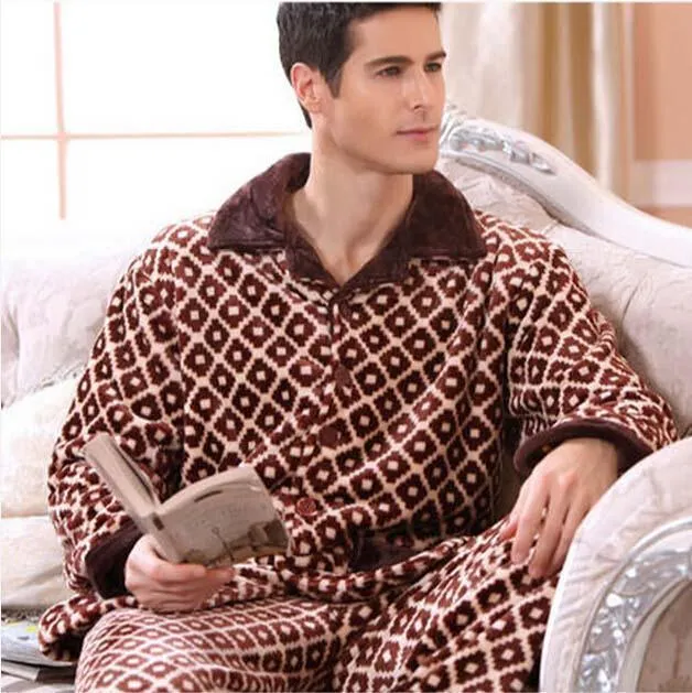 Men's Sleepwear Pants Set Flannel Warm Pajamas