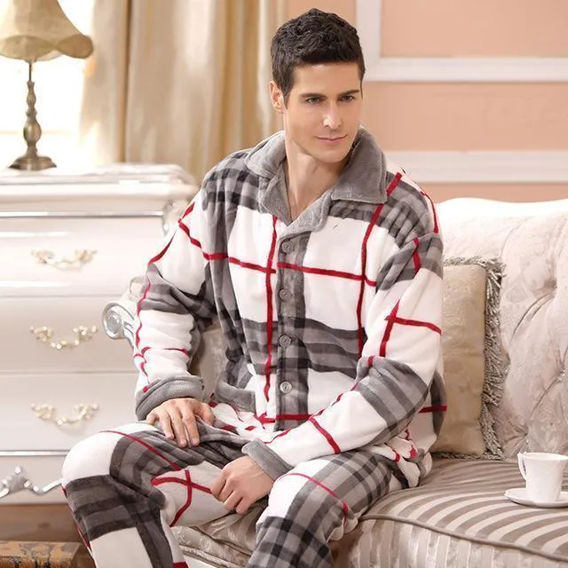 Men's Sleepwear Pants Set Flannel Warm Pajamas