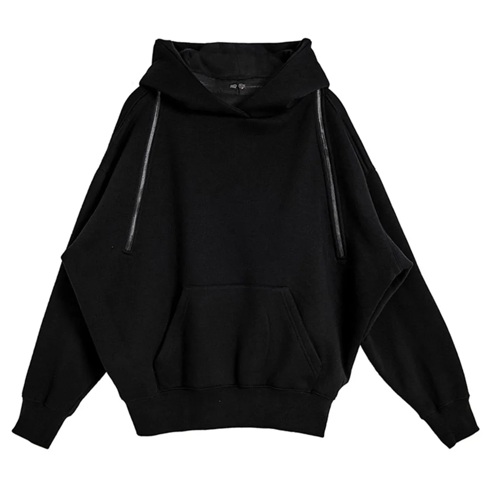 Minimalist Patchwork Drawstring Sweatshirts For Women Hodded Long Sleeve Knitted Pullover Sweatshirt Female Fashion