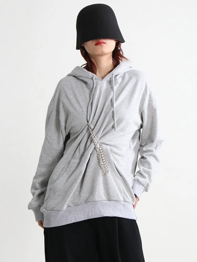 Minimalist Sweatshirts For Women Hodded Patchwork Drawstring Long Sleeve Chain Pullover Sweatshirt Female Fashion