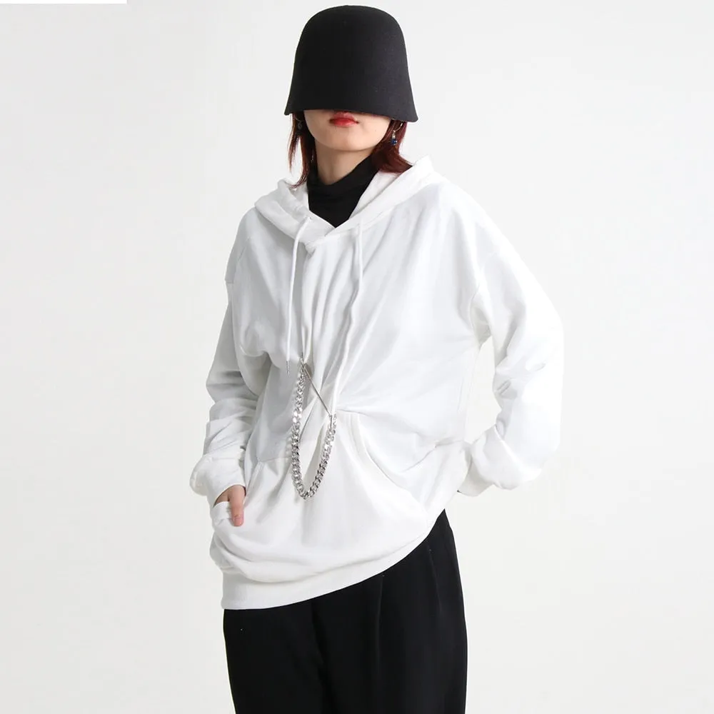 Minimalist Sweatshirts For Women Hodded Patchwork Drawstring Long Sleeve Chain Pullover Sweatshirt Female Fashion