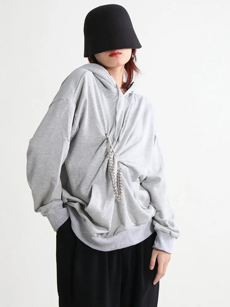 Minimalist Sweatshirts For Women Hodded Patchwork Drawstring Long Sleeve Chain Pullover Sweatshirt Female Fashion