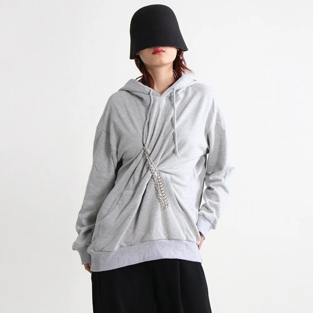 Minimalist Sweatshirts For Women Hodded Patchwork Drawstring Long Sleeve Chain Pullover Sweatshirt Female Fashion