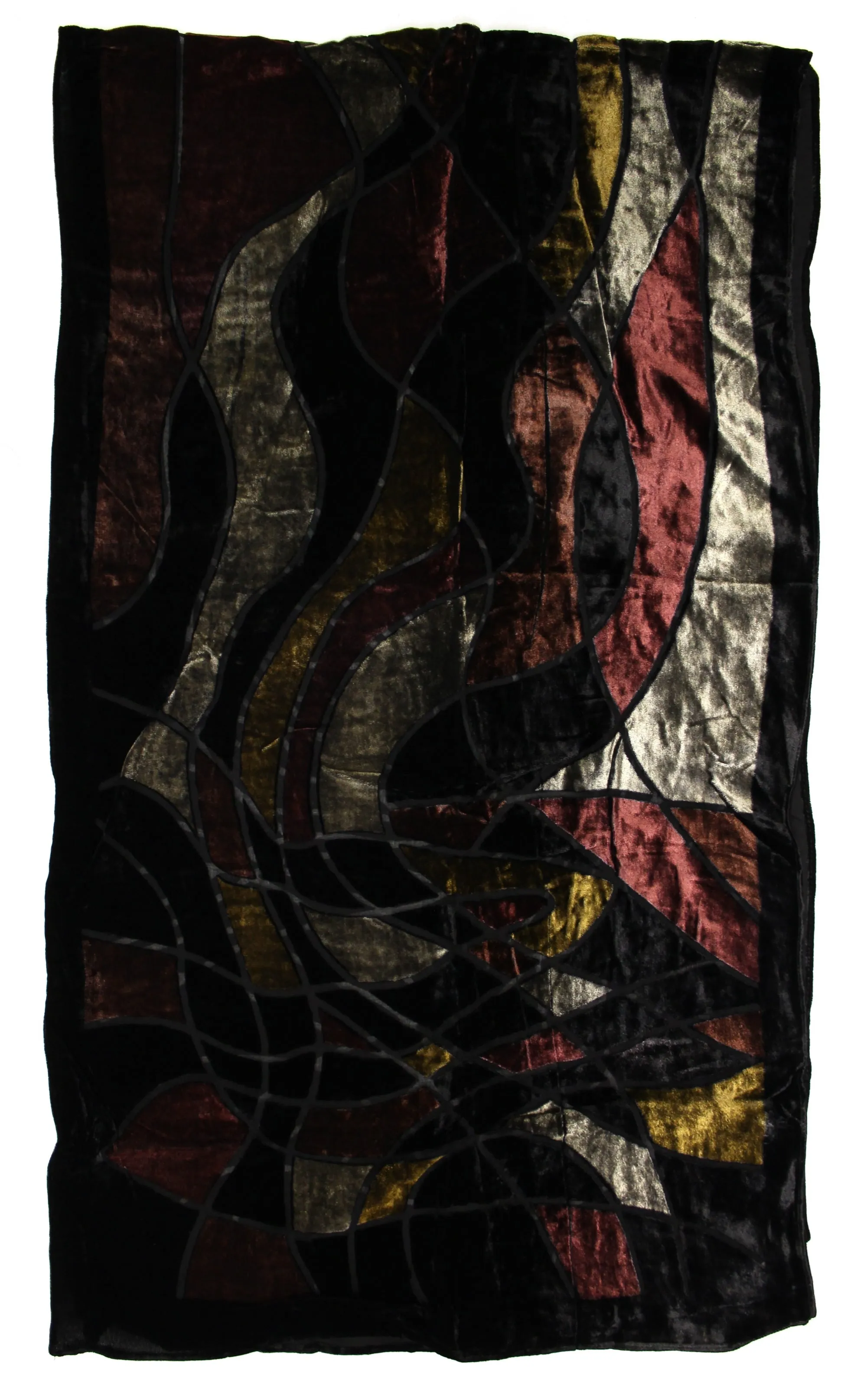 Multicoloured Abstract Patterned Devore Velvet Scarf with Black Boarder (170 x 48cm)