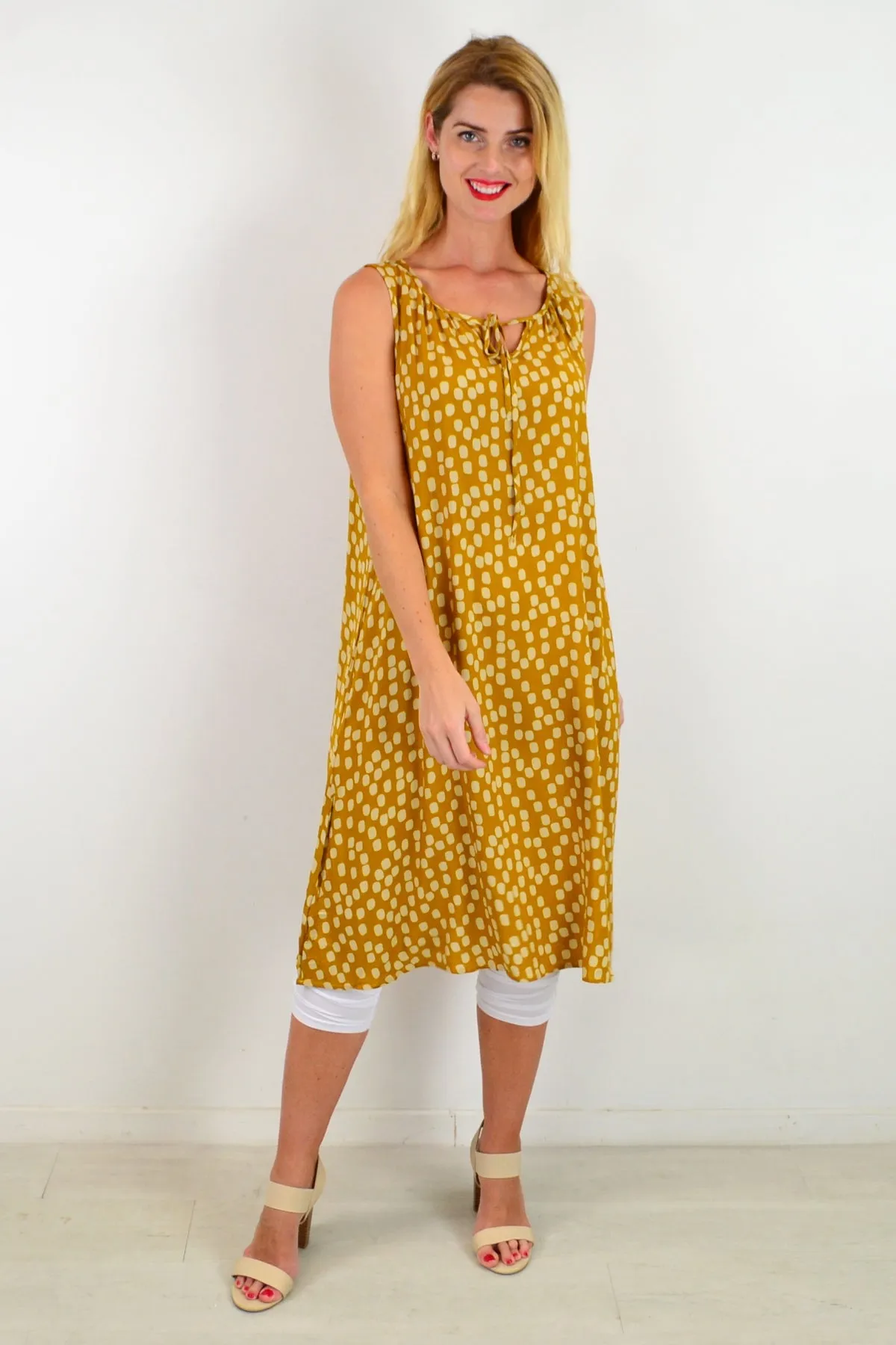 Mustard Long Dot Sleeveless Tunic Dress