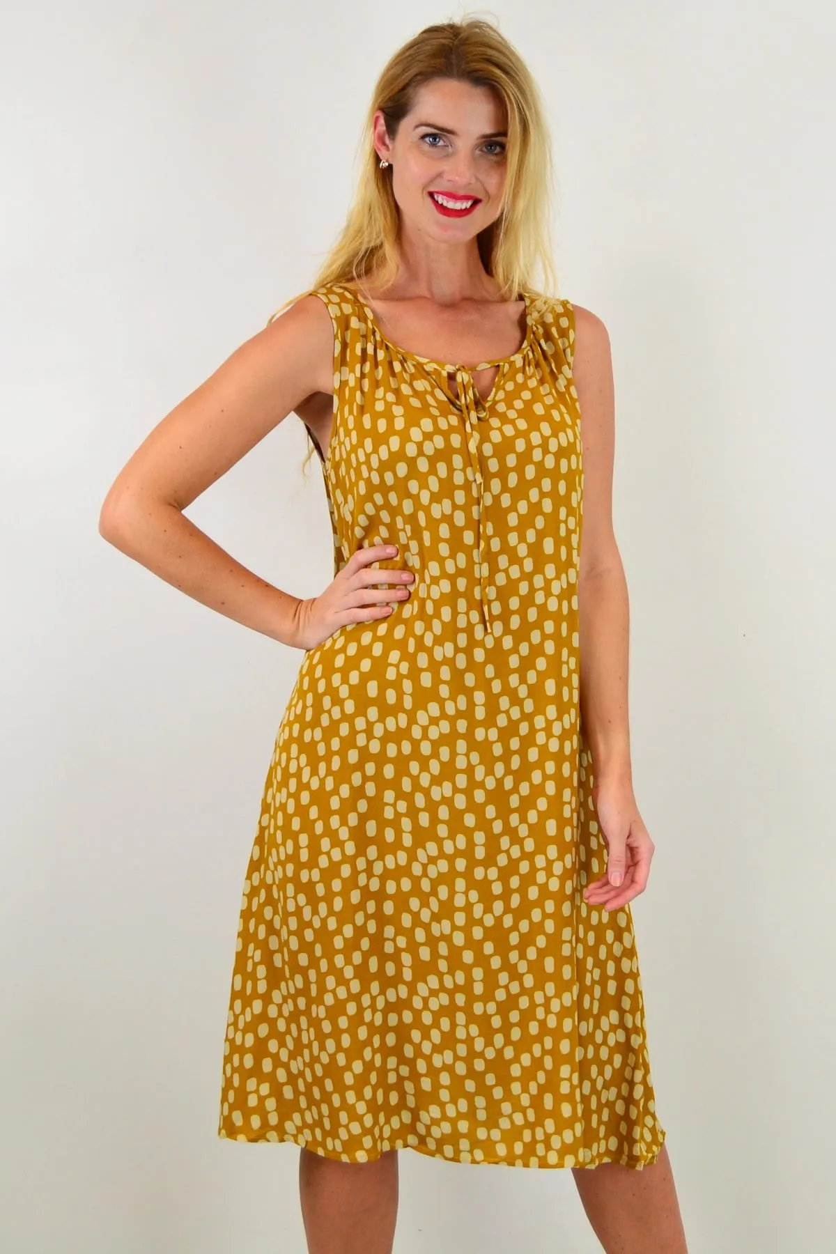 Mustard Long Dot Sleeveless Tunic Dress