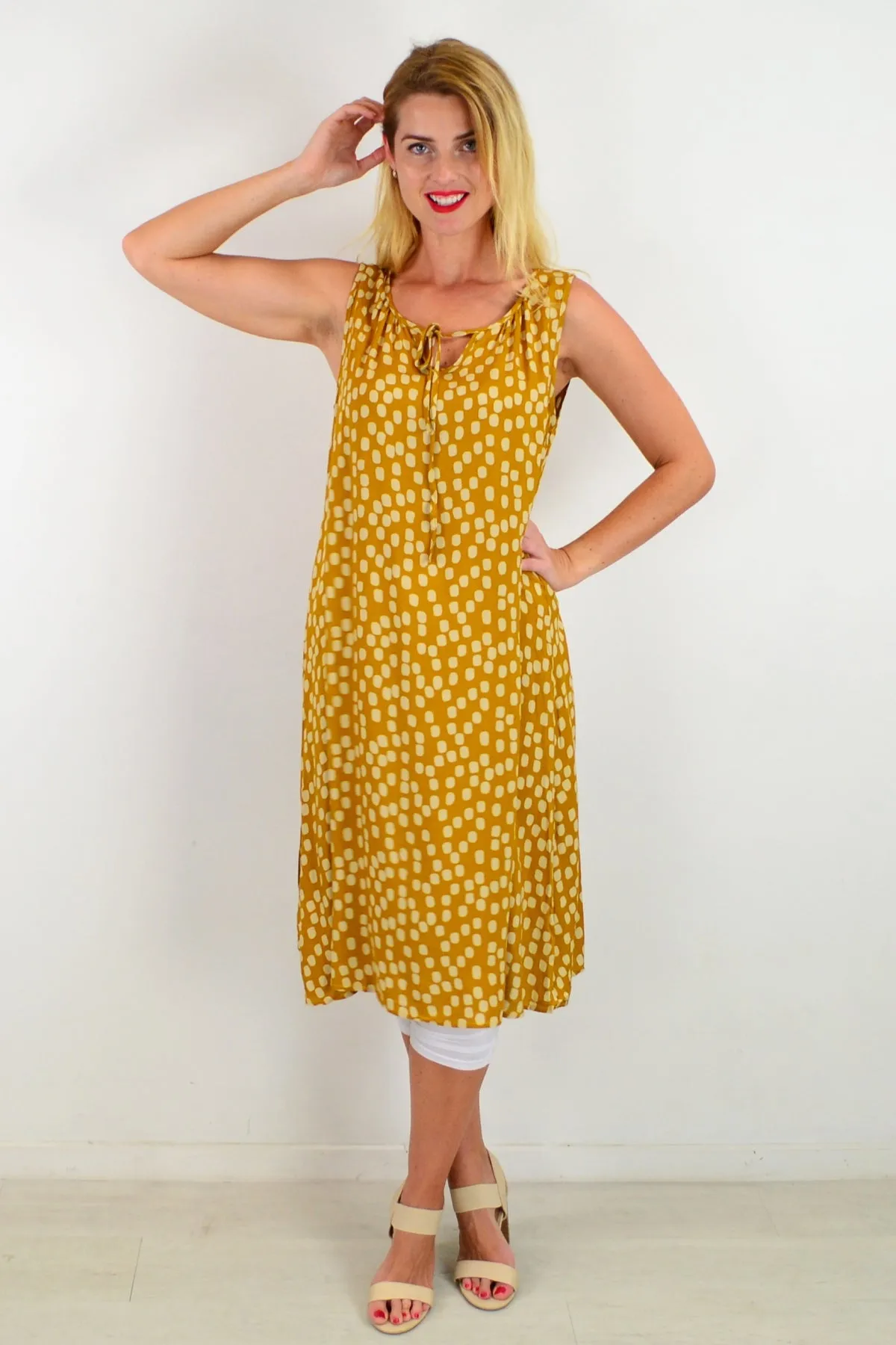 Mustard Long Dot Sleeveless Tunic Dress