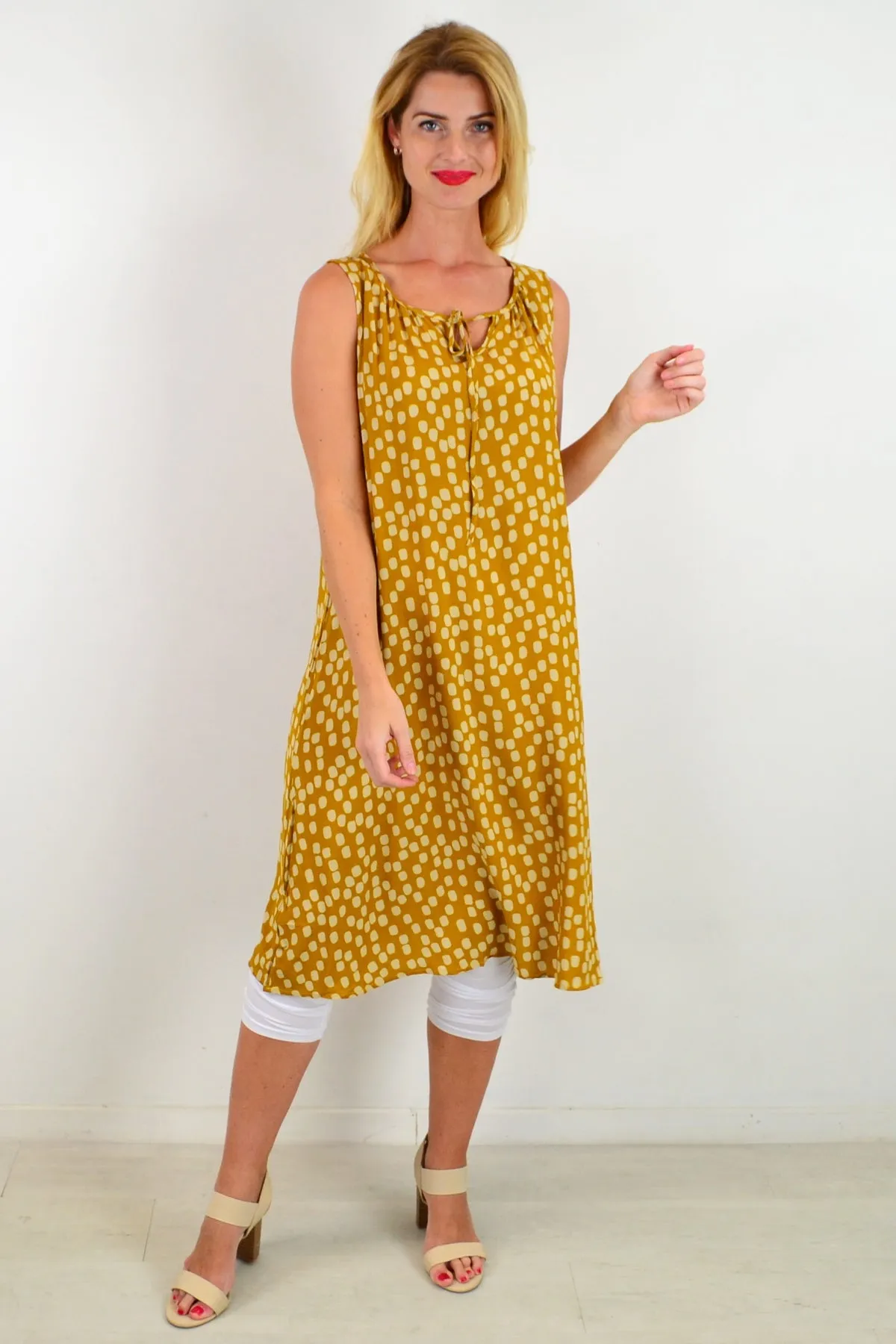 Mustard Long Dot Sleeveless Tunic Dress