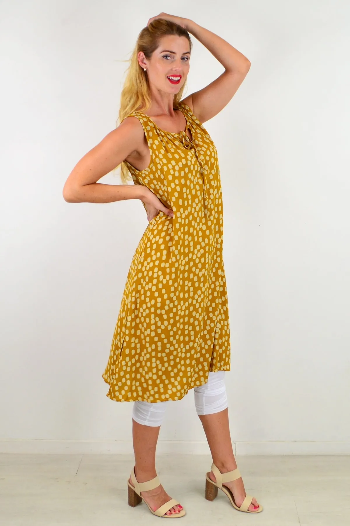 Mustard Long Dot Sleeveless Tunic Dress