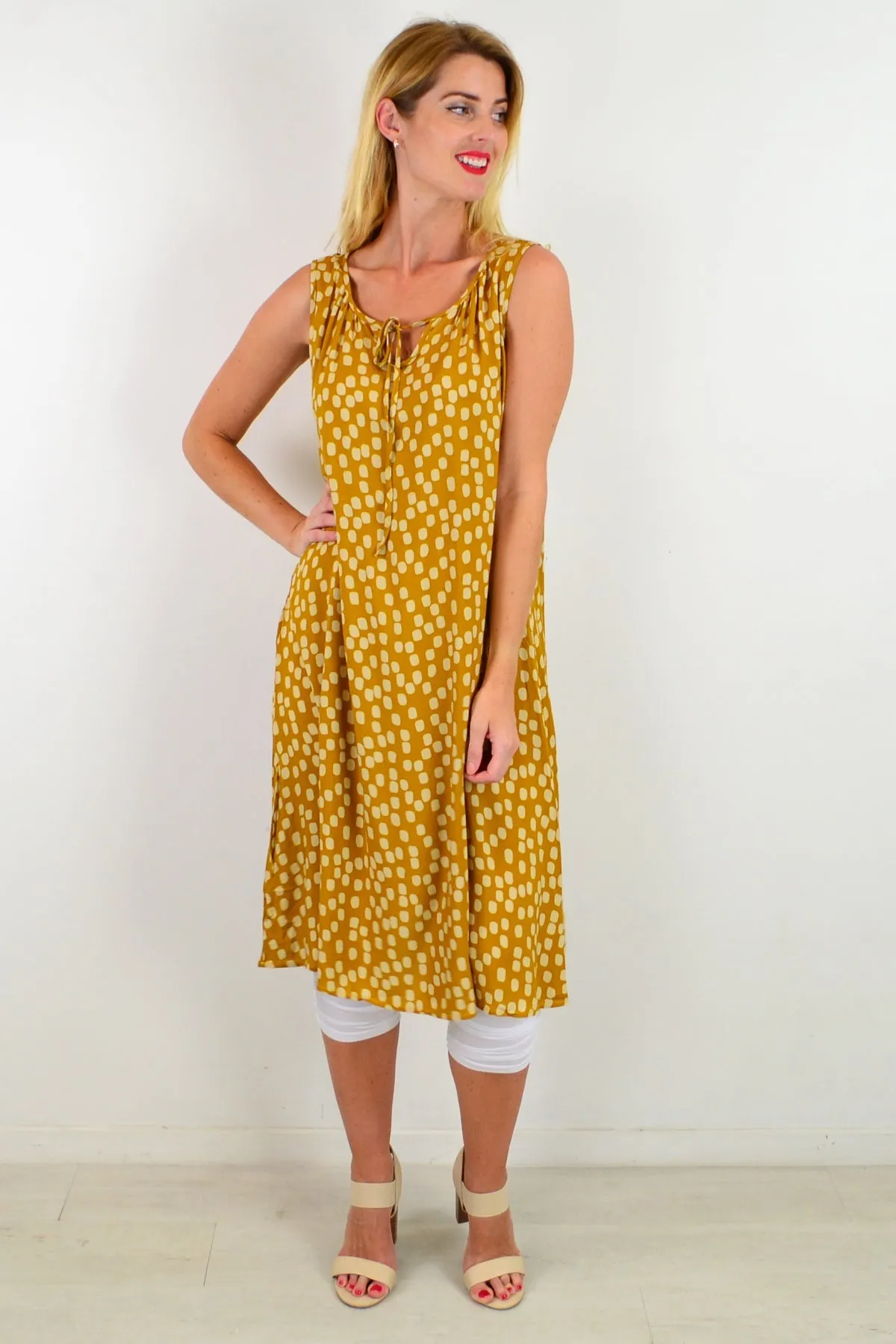 Mustard Long Dot Sleeveless Tunic Dress