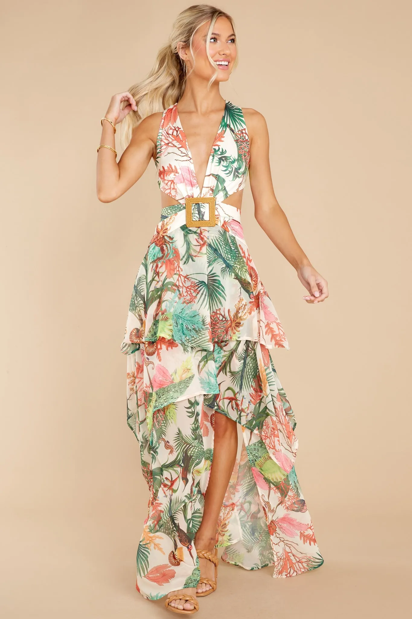 No Complications Ivory Tropical Print Maxi Dress