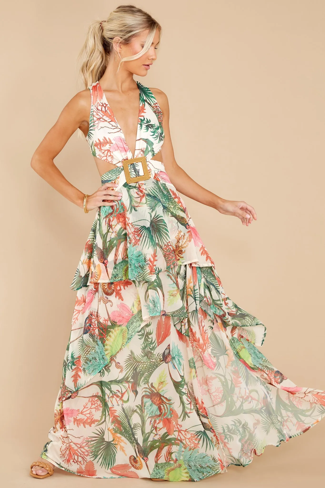 No Complications Ivory Tropical Print Maxi Dress