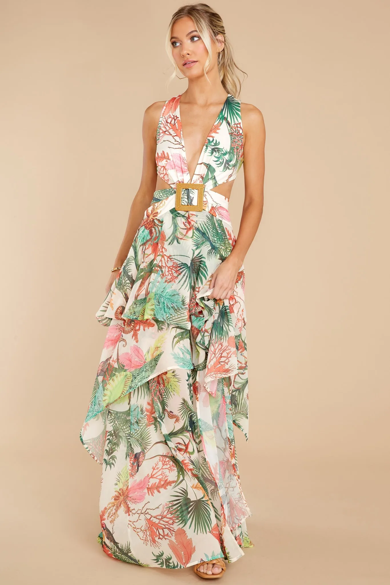 No Complications Ivory Tropical Print Maxi Dress