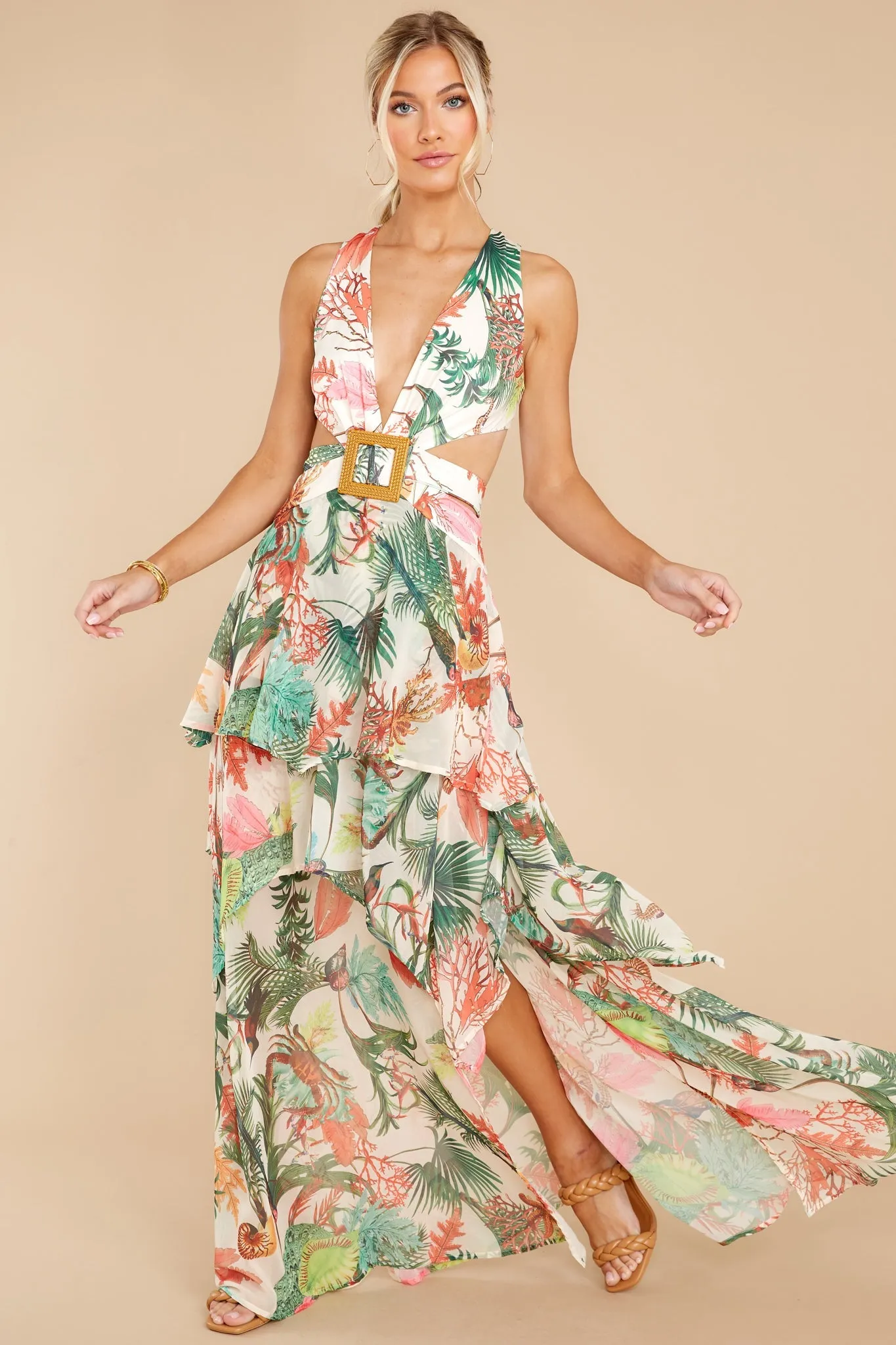 No Complications Ivory Tropical Print Maxi Dress