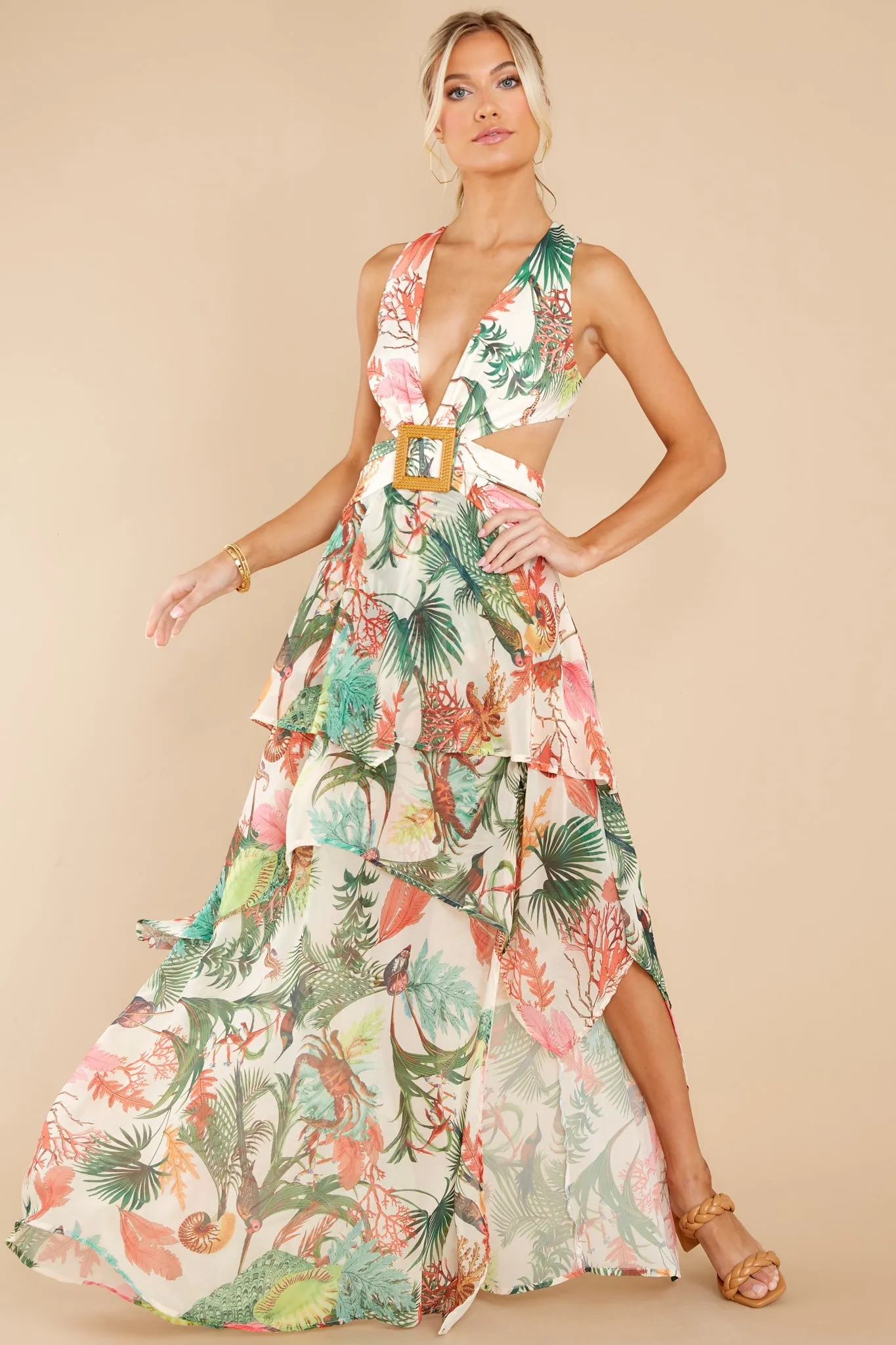 No Complications Ivory Tropical Print Maxi Dress