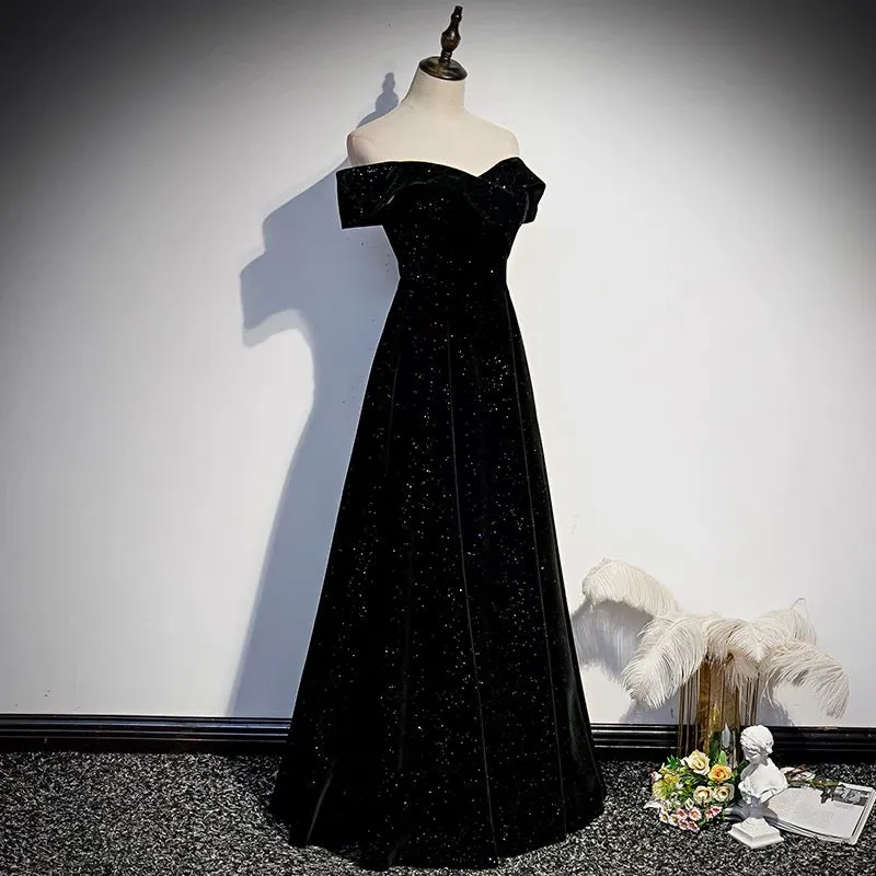 Off Shoulders Velvet Glitter Black Prom Dress