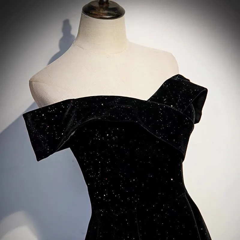 Off Shoulders Velvet Glitter Black Prom Dress