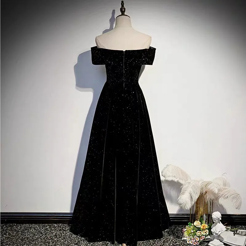 Off Shoulders Velvet Glitter Black Prom Dress