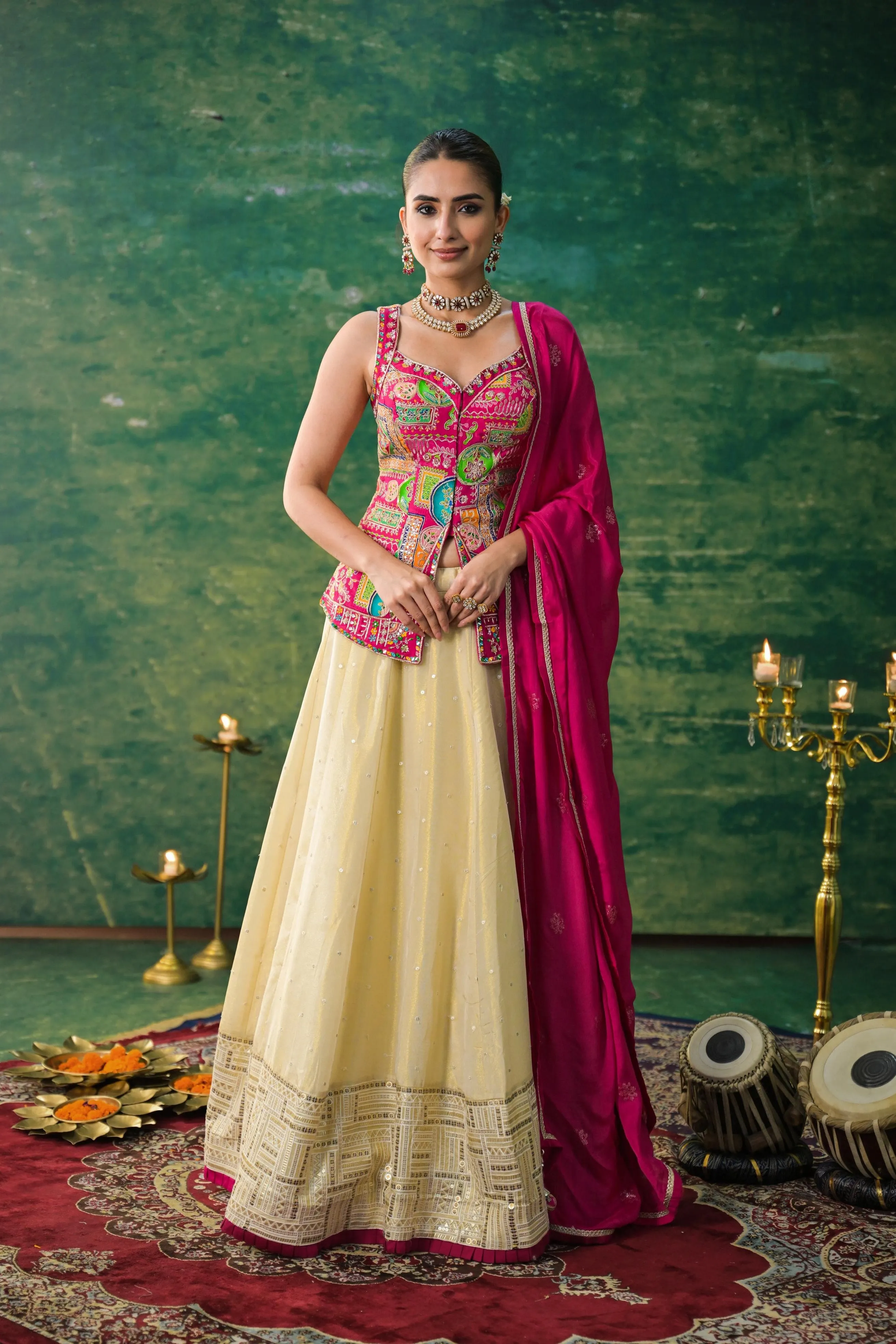 Pale Champagne Embroidered Raw Silk Lehenga Set