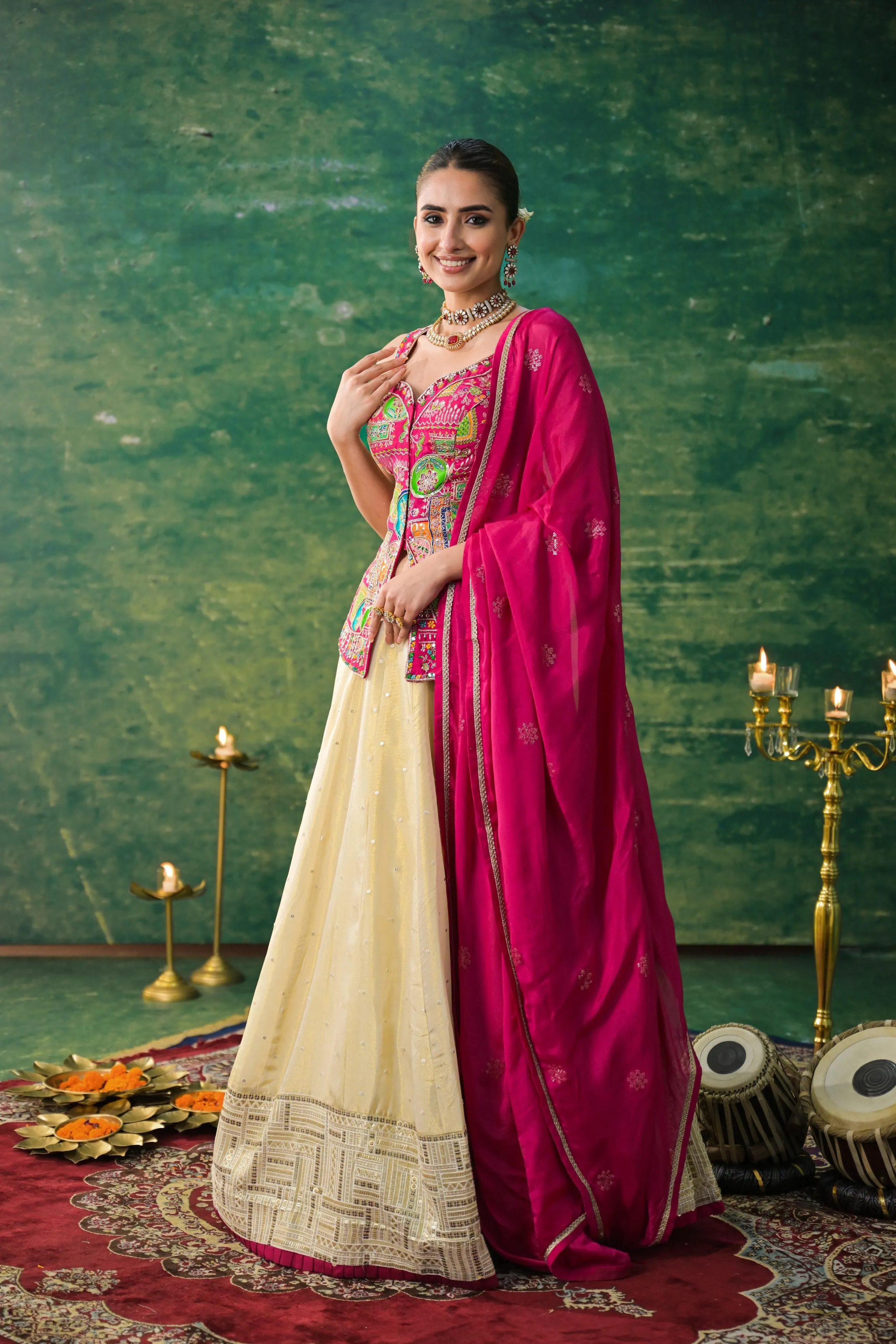 Pale Champagne Embroidered Raw Silk Lehenga Set