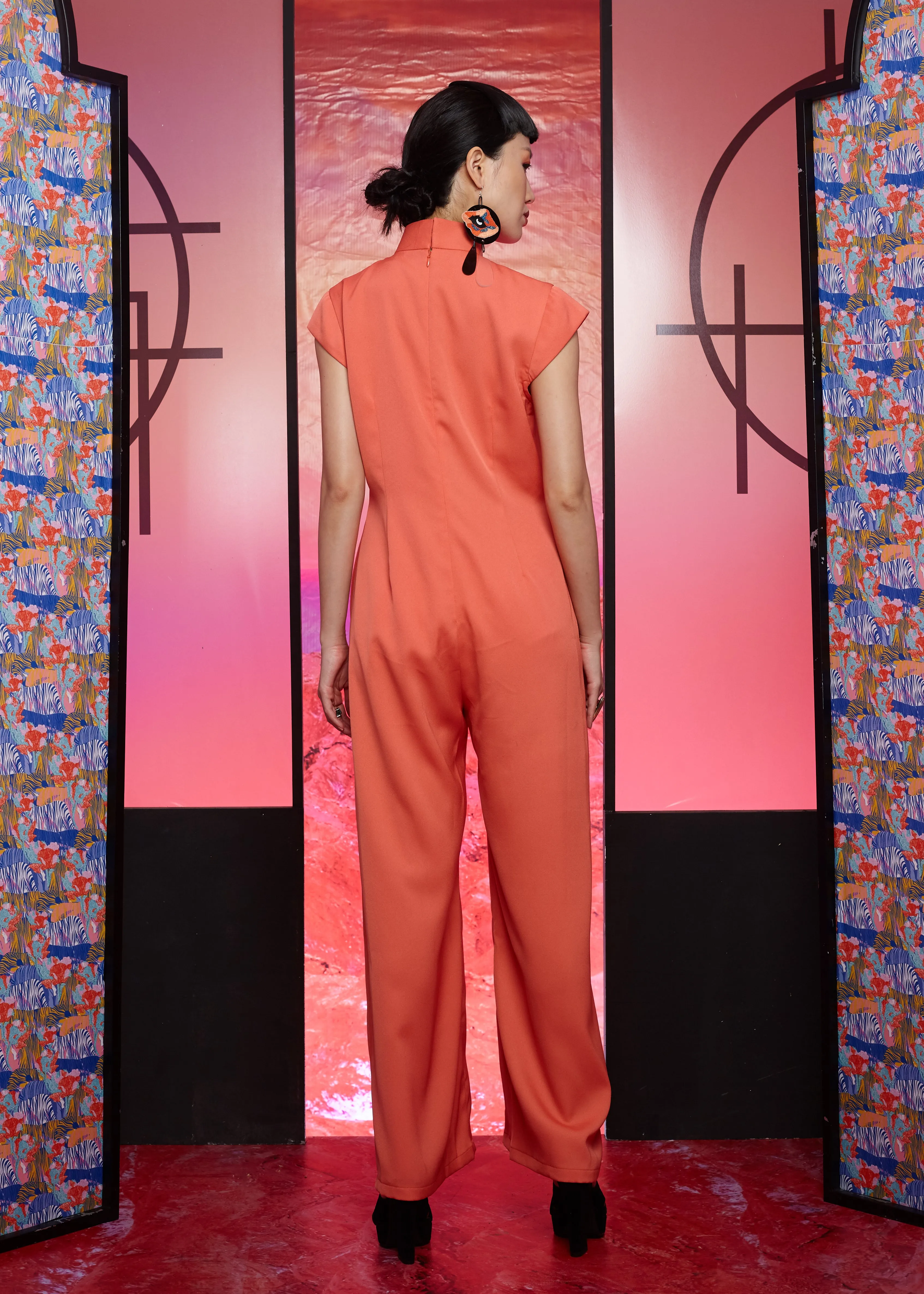 PEACH CREPE WITH TEAL CHINESE BUTTON - JUMPSUIT WITH 2 POUCH POCKET AND MANDARIN COLLAR - PEACH