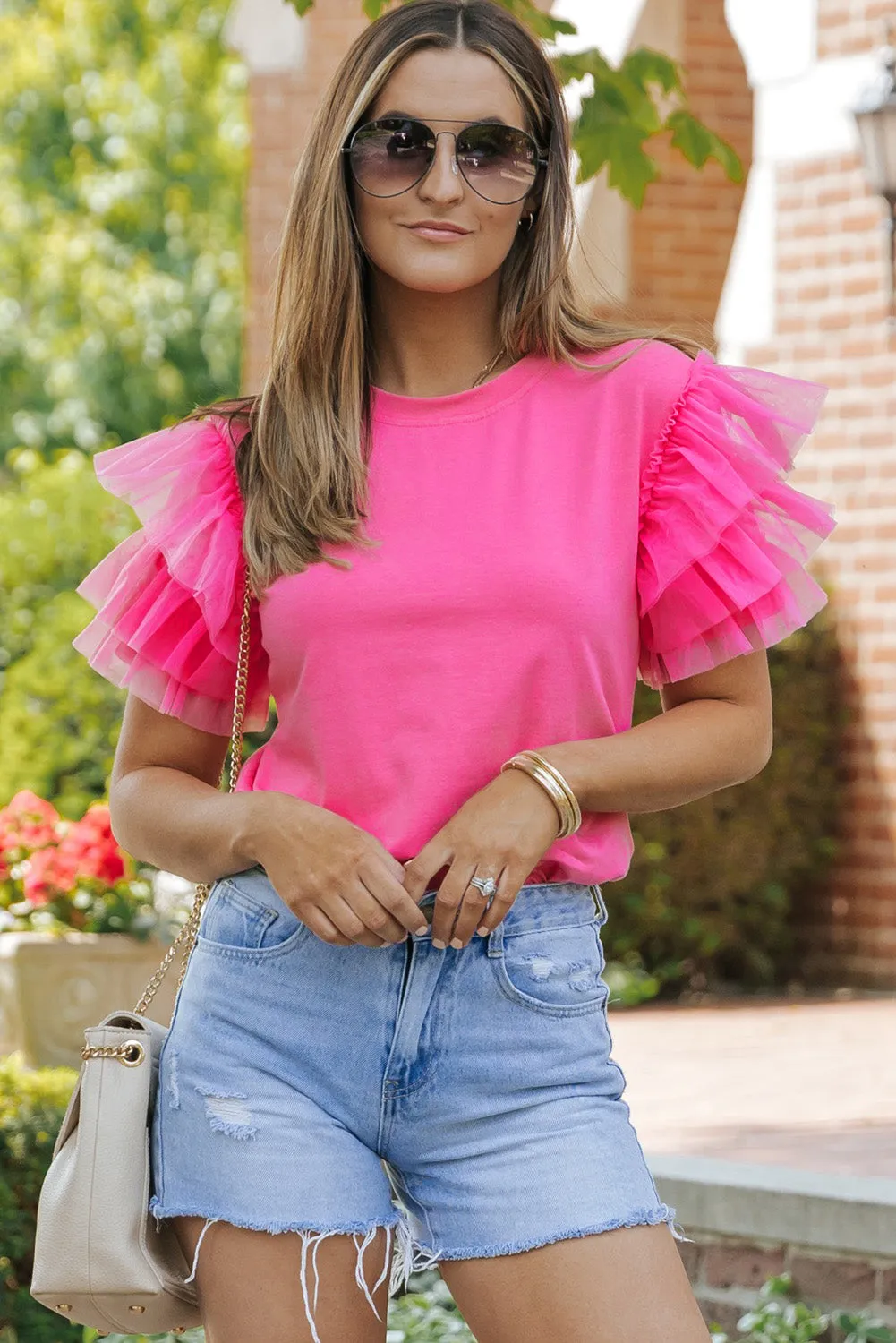 Pink Plain Round Neck Tulle Ruffle Sleeve Blouse