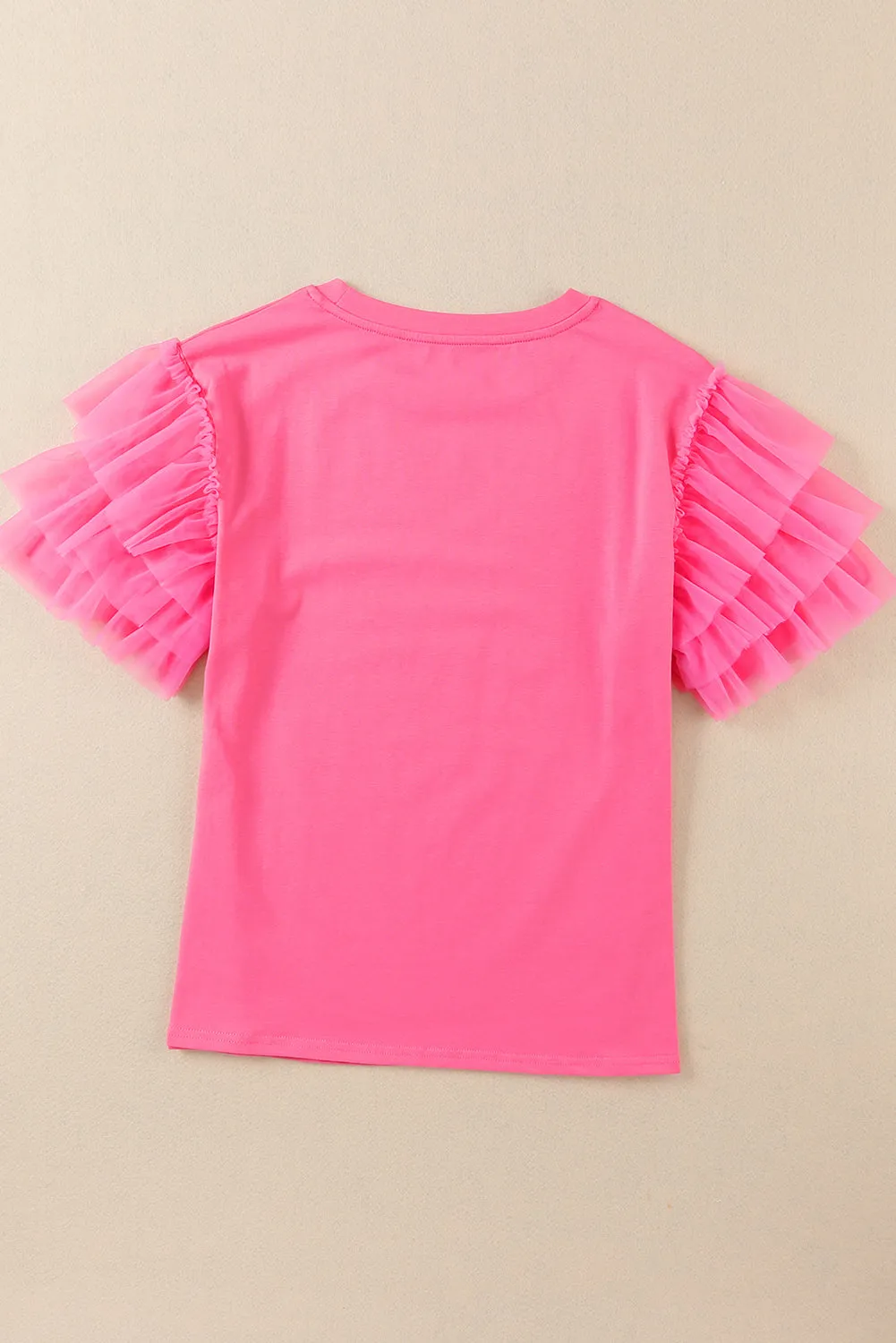 Pink Plain Round Neck Tulle Ruffle Sleeve Blouse